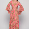 Aphrodite Wrap Dress in coral Seaweed print saree silk with golden details