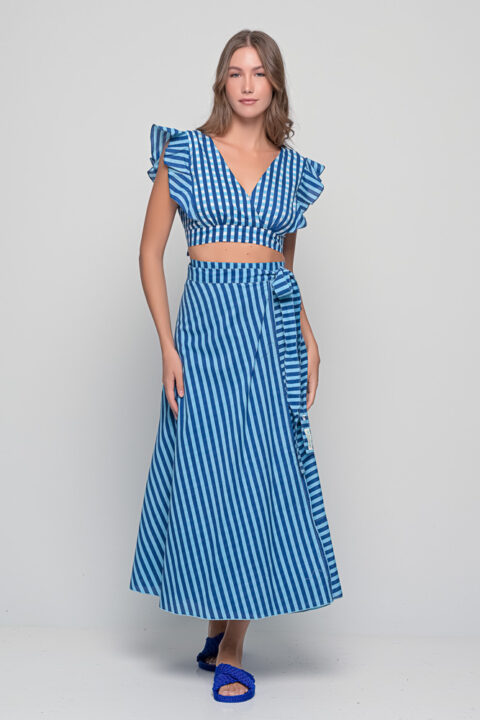 Anokhi Set in blue Stripes print with crop top and wrap maxi skirt