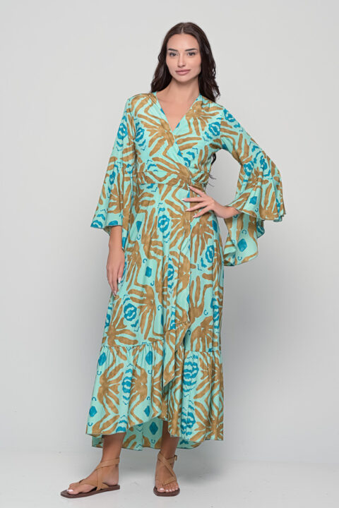Aphrodite Wrap Dress – Turquoise Seaweed Print with Golden Details (Saree Silk)