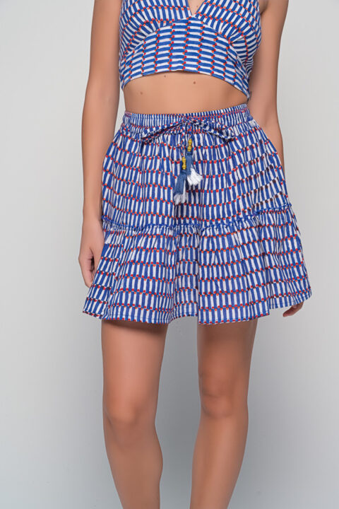 Lolita Mini Skirt in blue Flag handmade block print with adjustable waist