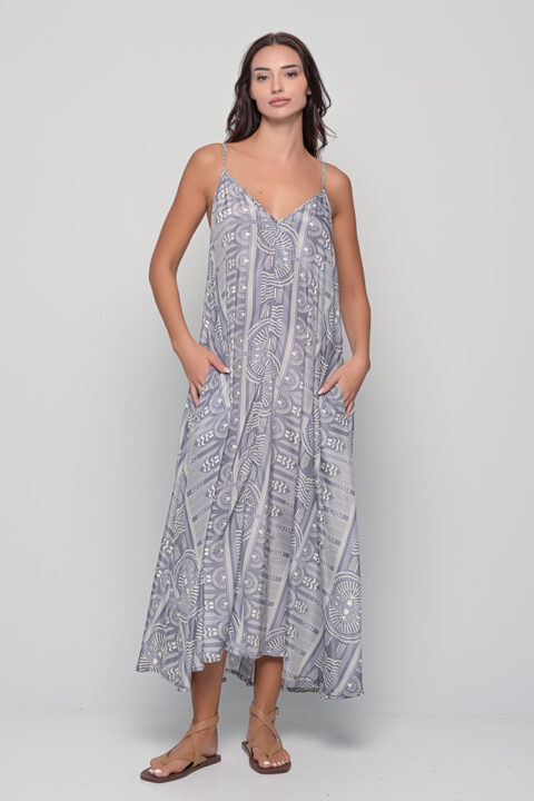 Lotus Dress in grey Sueno print saree silk with adjustable straps