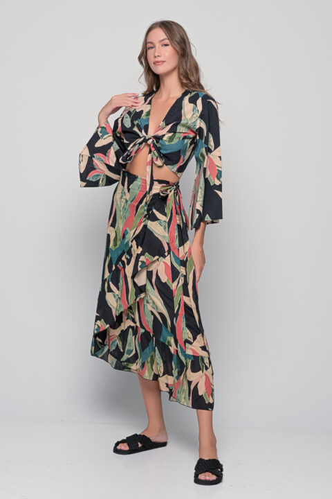 Inez Set in black Alpinia print cotton with tie top and wrap skirt free size