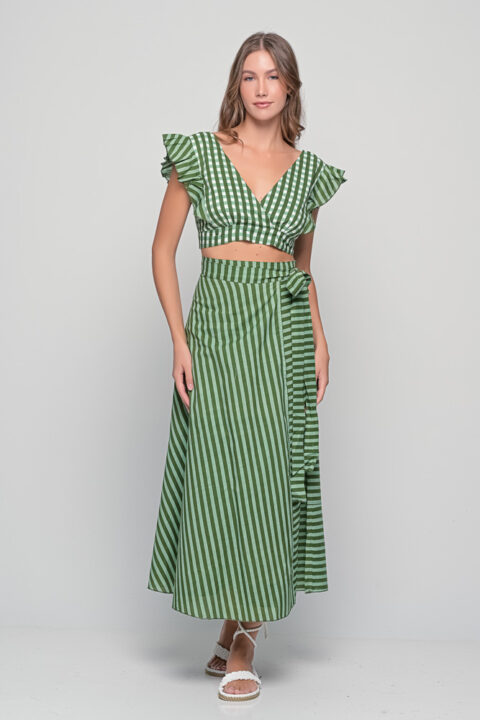 Anokhi Set in green striped print cotton with ruffle-sleeve crop top and wrap skirt
