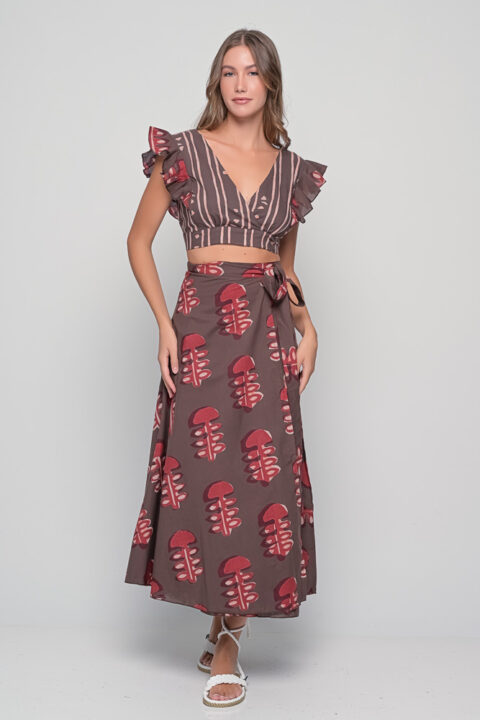 Anokhi Set in brown Leaf print cotton with ruffle crop top and wrap skirt