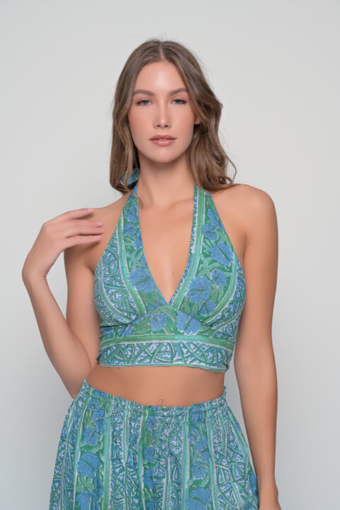 Ios Top – Blue Green Handmade Block Print