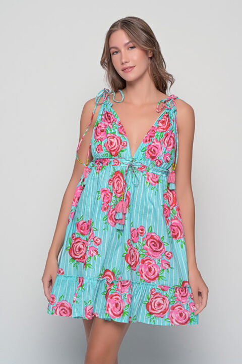 Φόρεμα Λίλιθ μίνι τυρκουαζ τριαντάφυλλα