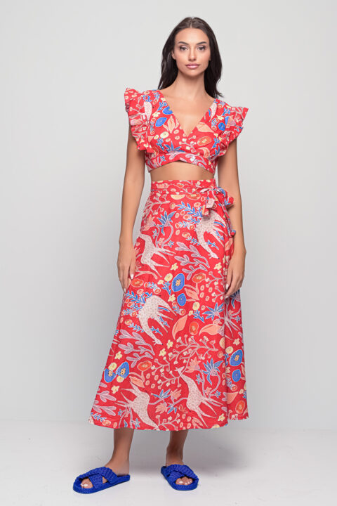 Anokhi Set top and wrap skirt giraffe print red
