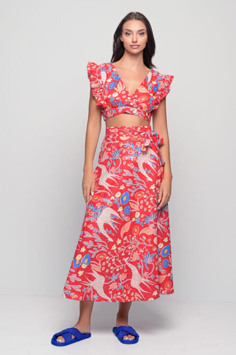 Anokhi Set top and wrap skirt giraffe print red