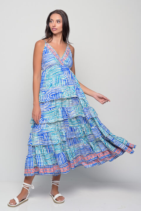 Paxoi Dress Minoan Blue saree silk maxi with straps, tiered skirt, one size fits all Saree silk Paxoi maxi dress in Minoan Blue print, flowing boho resort wear