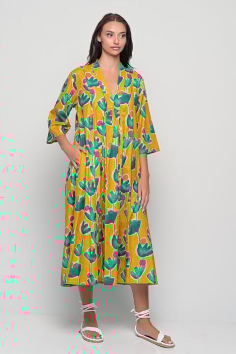 Marsha yellow ginkgo Cotton Midi Dress – Resortwear Kaftan