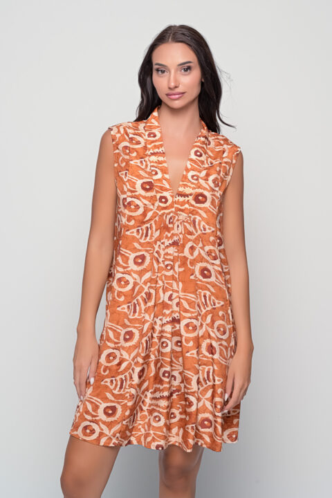 Front view of Marsha Short Dress in Dabu Cinnamon print, saree silk mini dress