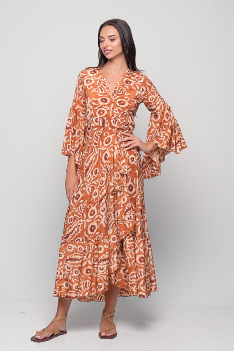 Front view of Aphrodite Dress in Dabu Cinnamon print, saree silk wrap maxi