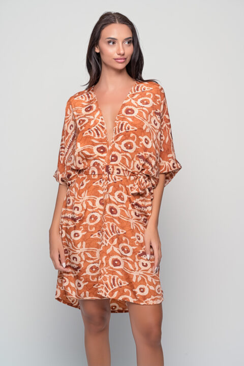 Short T Kimono in Dabu Cinnamon print, front view