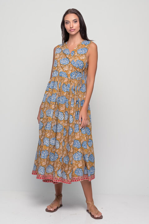 Sufi Mustard Floral Cotton Dress – Handmade Block Print (Free Size up to XL)