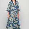 Kythira Leaf print cotton maxi kaftan dress in blue, boho digital print with wide sleeves, flowy summer dress