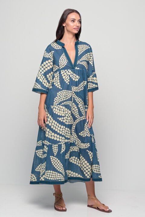 Kythira Leaf print cotton maxi kaftan dress in blue, boho digital print with wide sleeves, flowy summer dress