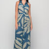 Paros Leaf Blue cotton maxi dress, halter neckline, button-down front with waist tie, flowy summer dress
