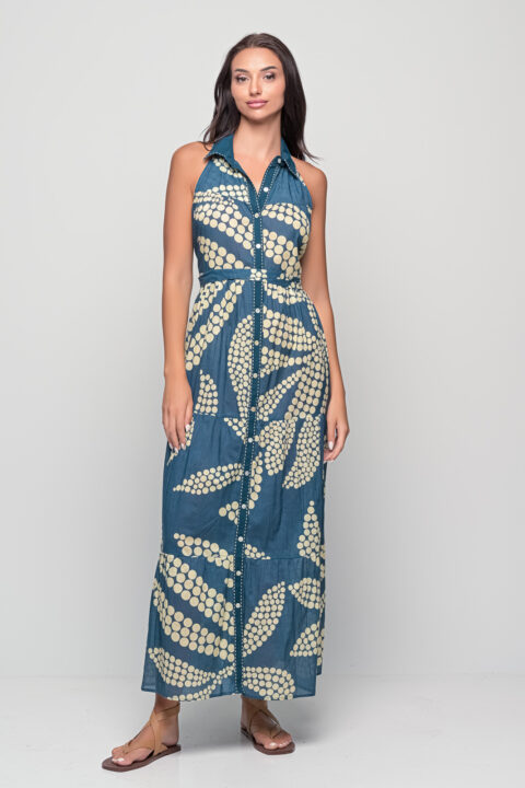 Paros Leaf Blue cotton maxi dress, halter neckline, button-down front with waist tie, flowy summer dress