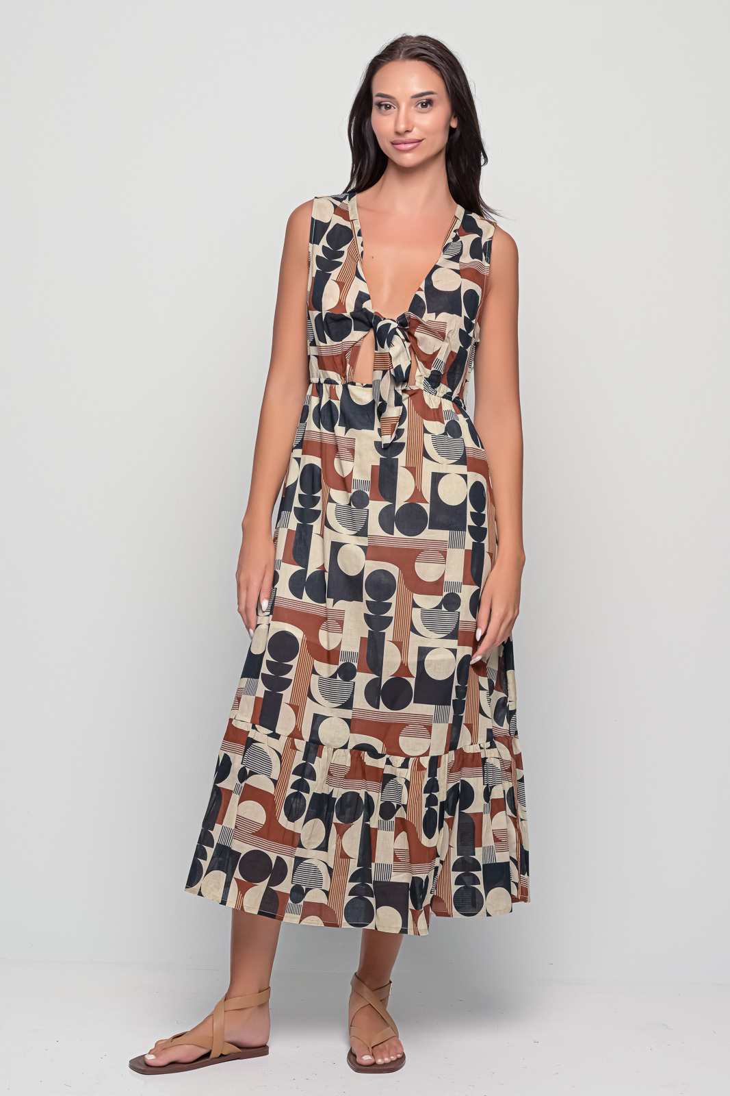 Bow Apollo Brown cotton midi dress with front tie bow, sleeveless boho summer dress with earthy Apollo print