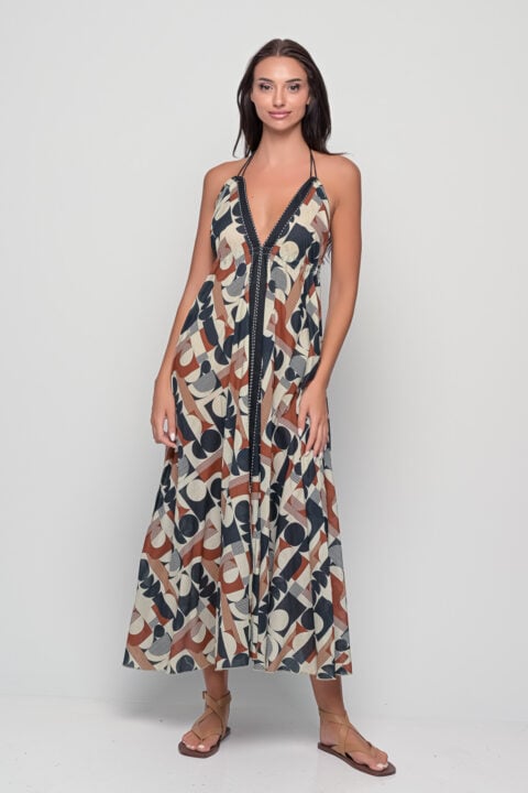 Open Back Apollo Brown cotton maxi dress, halter neckline, sleeveless open back boho maxi dress