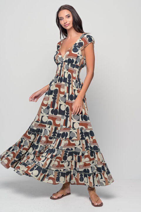 Malibu Apollo Brown cotton maxi dress, feminine flattering fit sleeveless summer dress with Apollo print