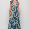 Malibu Leaf Blue cotton maxi dress, flattering feminine fit, sleeveless summer dress with bold Leaf print