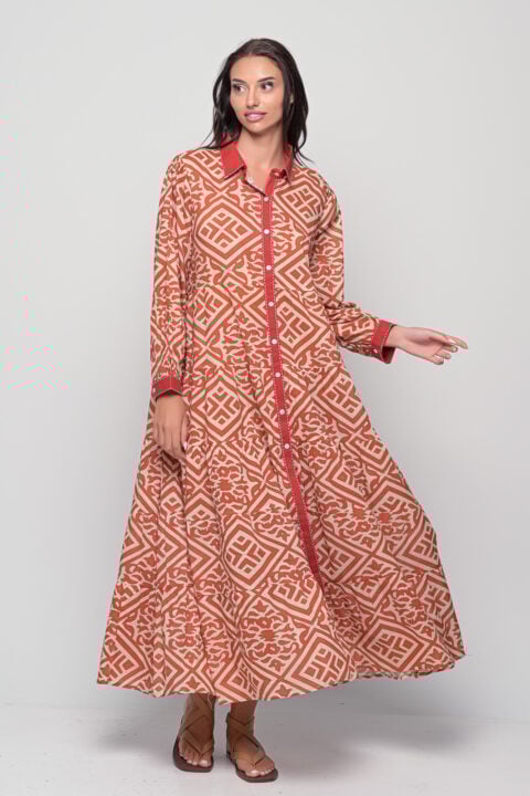 Ikaria Diamond cotton maxi shirt dress in Red, button-down long sleeve boho maxi dress