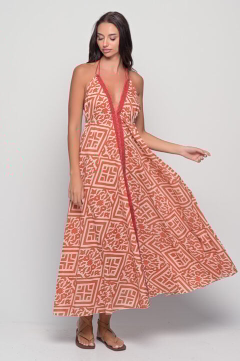 Open Back Diamond Red cotton maxi dress, halter neckline sleeveless open back boho maxi with Diamond print