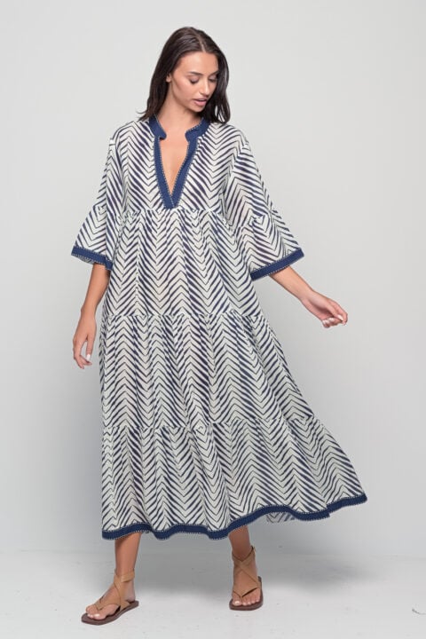 Kythira Wave print cotton maxi kaftan dress in white, boho digital print maxi with wide sleeves, breezy summer dress