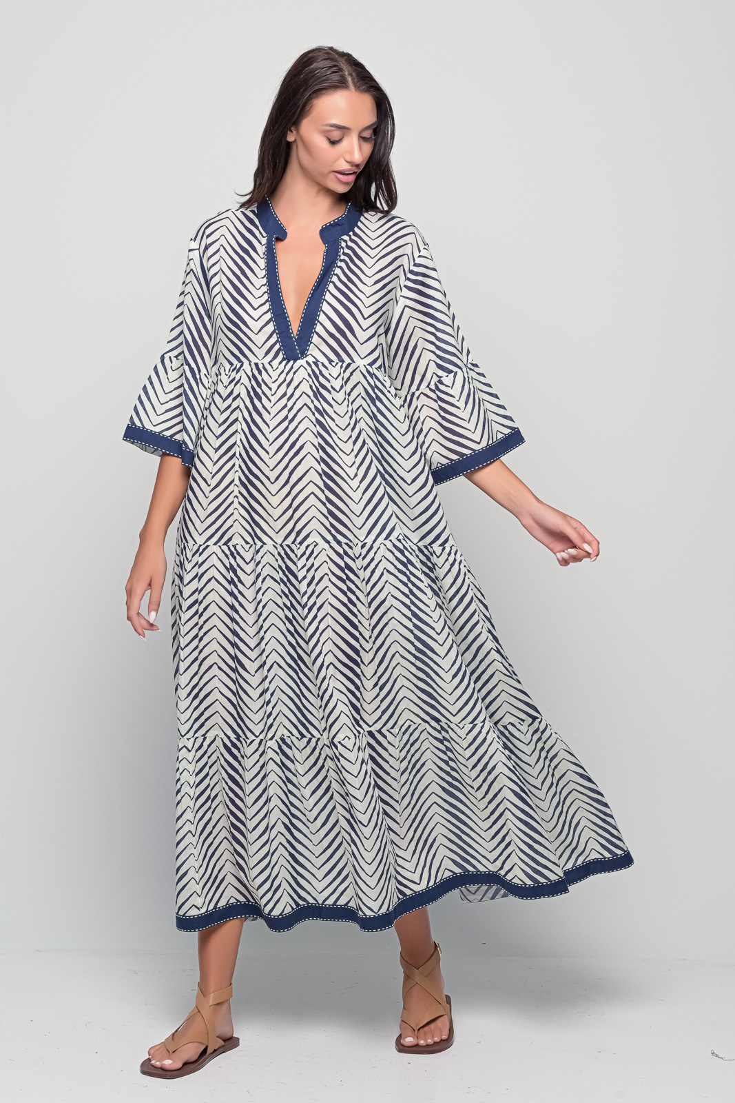 Kythira Wave print cotton maxi kaftan dress in white, boho digital print maxi with wide sleeves, breezy summer dress