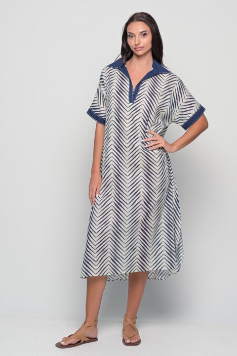 Corfu Wave White cotton kaftan dress, collared neckline short sleeve relaxed boho summer kaftan