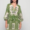 Short Kaftan Green cotton dress, tassel tie waist, boho summer kaftan with relaxed fit and wide sleeves