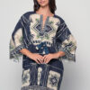 Short Kaftan Blue cotton dress, boho summer kaftan with tassel tie waist and relaxed silhouette