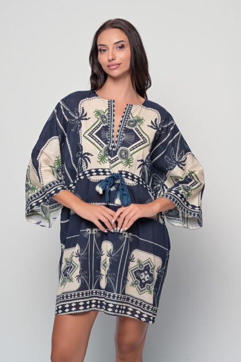 Short Kaftan Blue cotton dress, boho summer kaftan with tassel tie waist and relaxed silhouette