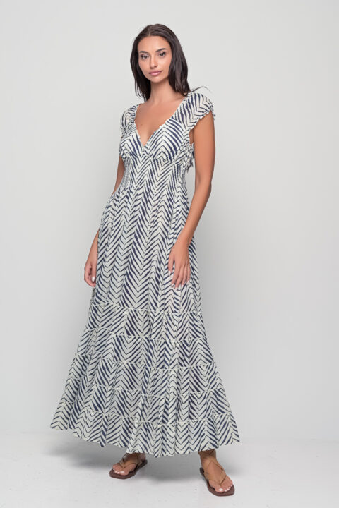 Malibu Wave White cotton maxi dress, feminine flattering sleeveless summer maxi with Wave print