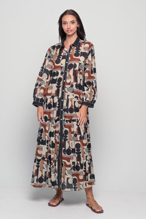 Ikaria Apollo cotton maxi shirt dress in Brown, button-down long sleeve boho maxi dress