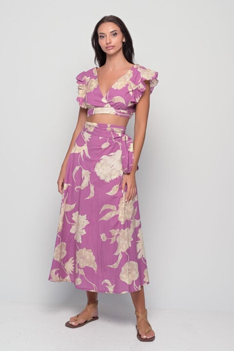 Anokhi Retro print cotton set in Lilac, crop top with ruffle sleeves and wrap skirt, boho summer co-ord outfit