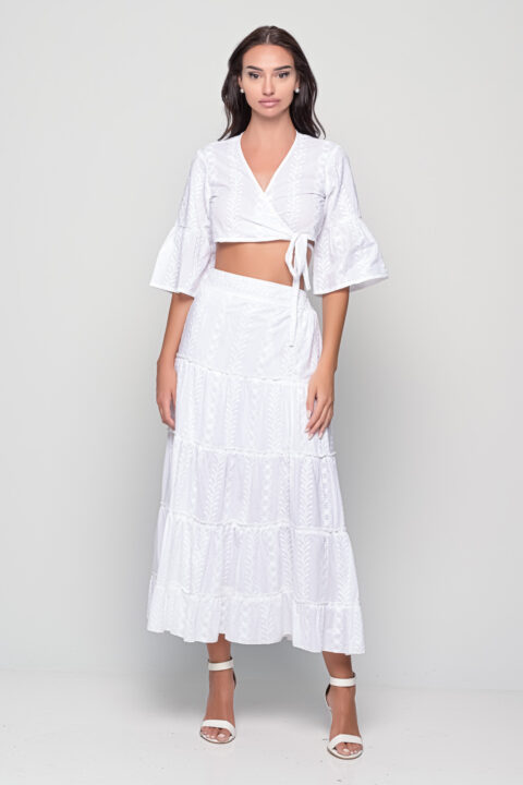 Women’s white embroidered two piece set with crop tie top and tiered maxi skirt – boho cotton summer co-ord outfit.