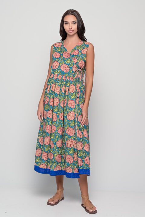 Sufi Teal Floral Cotton Dress – Handmade Block Print (Free Size up to XL)