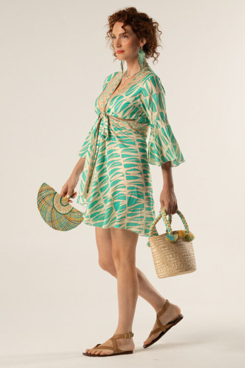 Isabelle Wrap Dress – Cotton Silk Digital Print – CALM AQUA