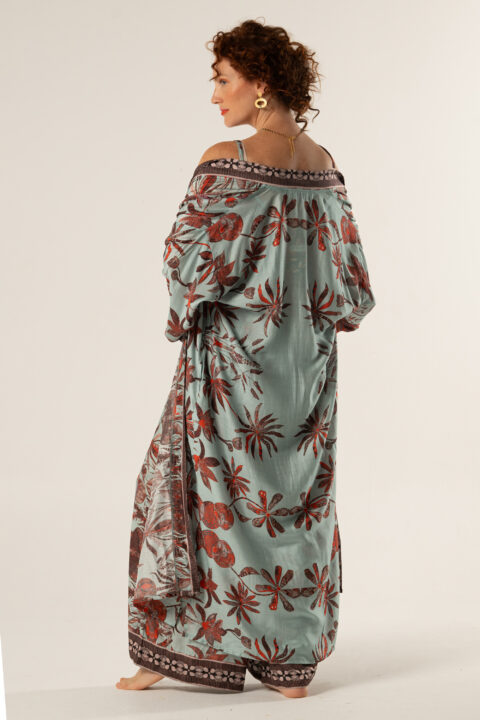 iris kimono cotton silk nature blue print one size