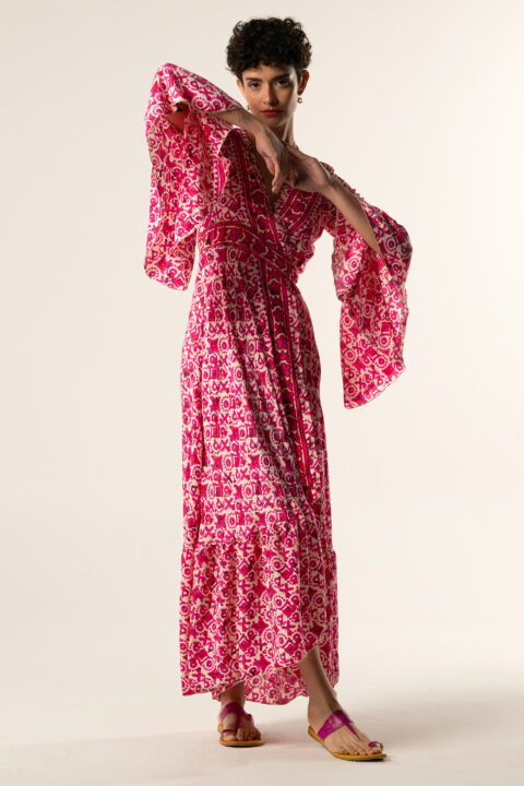Aphrotide Saree Silk Dress – Tuareg Print, Fuchsia (Sizes SM, ML, LXL)