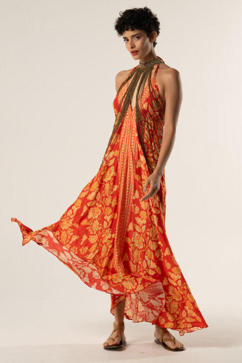 long beach dress cotton silk digital print rama red open back
