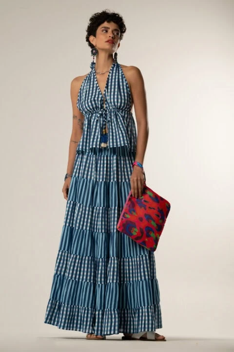 Model wearing long boho skirt in screen-printed cotton