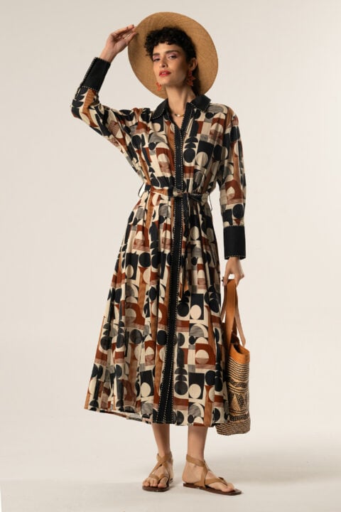 Venus Apollo Print Cotton Maxi Shirt Dress in Brown – Button Down with Belt