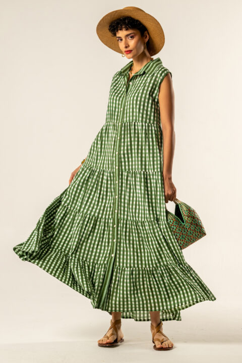 Ikaria sleeveless cotton maxi dress in green checks print