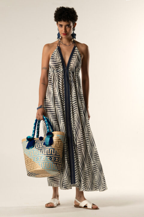 Open Back Wave Print Cotton Maxi Dress in White – Halter Neck & Flowy Summer Style