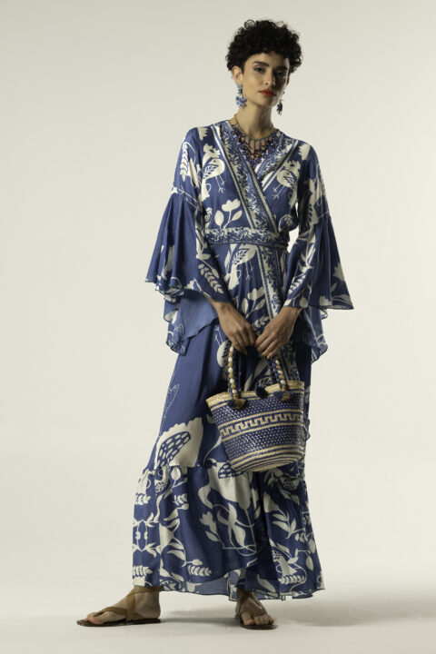 Aphrodite wrap dress desire print cotton silk luxury resortwear blue white