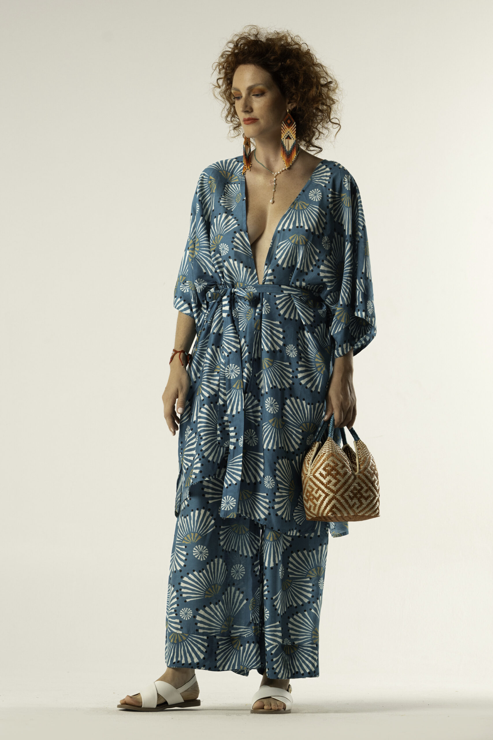 T Kimono Cotton Silk | Ray print Petrol | One Size