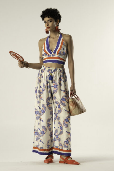 anna cotton silk trousers fly blue print elasticated drawstring waist